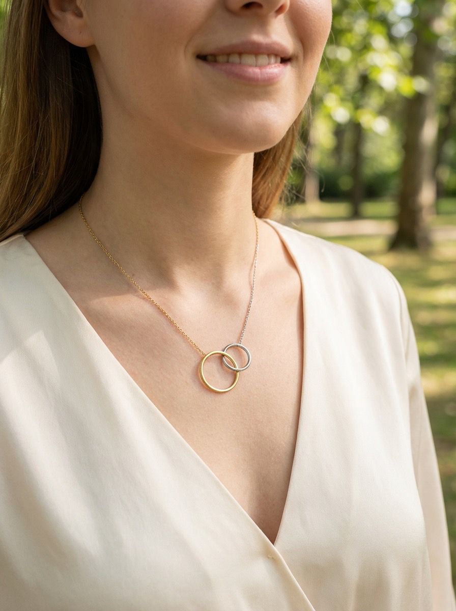 Collier Chaîne Fine Bicolore Dorée Argentée Avec Anneaux Entrelacés