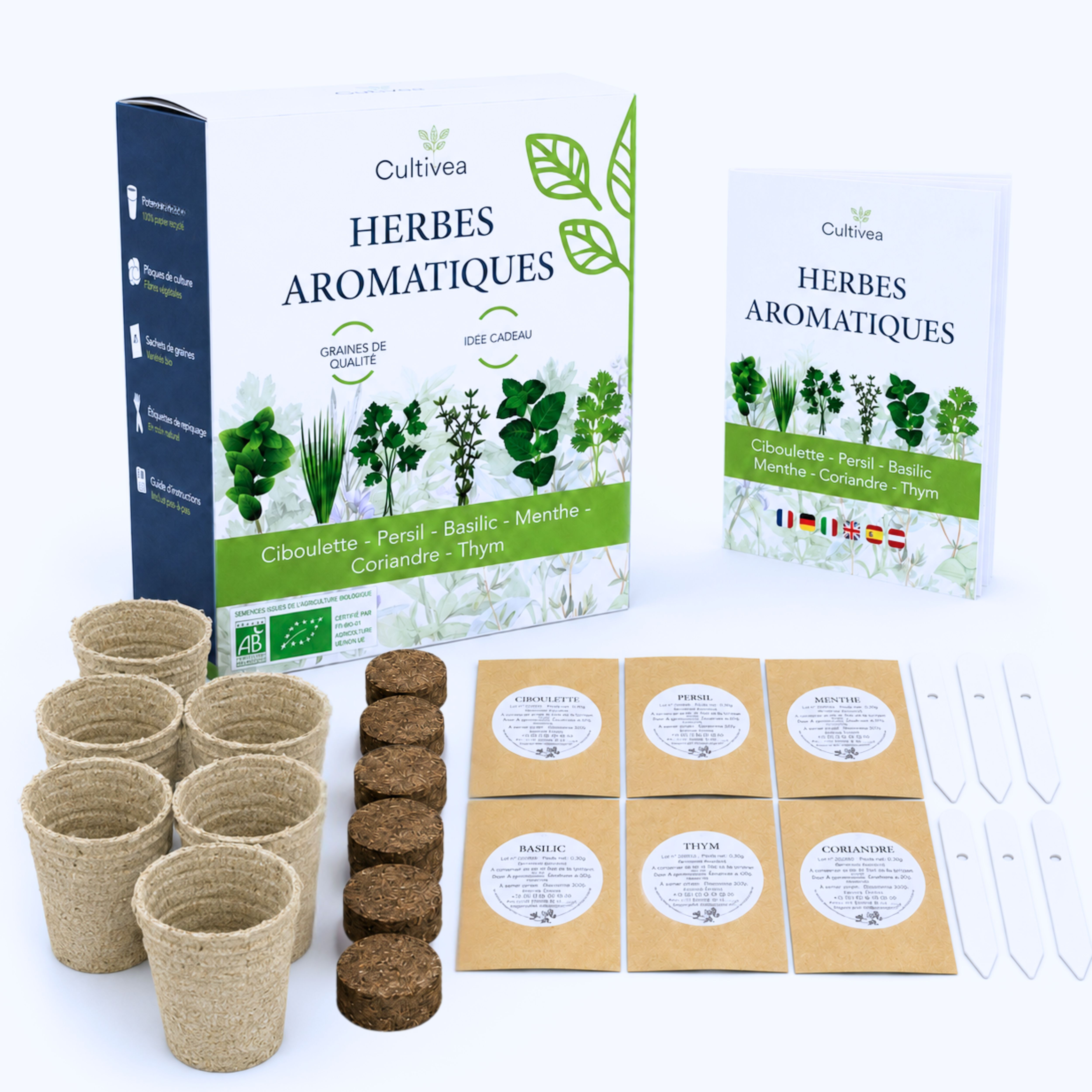 CULTIVEA® Kit Herbes Aromatiques Intérieur – 6 Plantes Aromatiques à Faire Pousser – Basilic, Menthe, Persil, Thym, Ciboulette et Coriandre – Mini Potager Intérieur Complet – Idée Cadeau