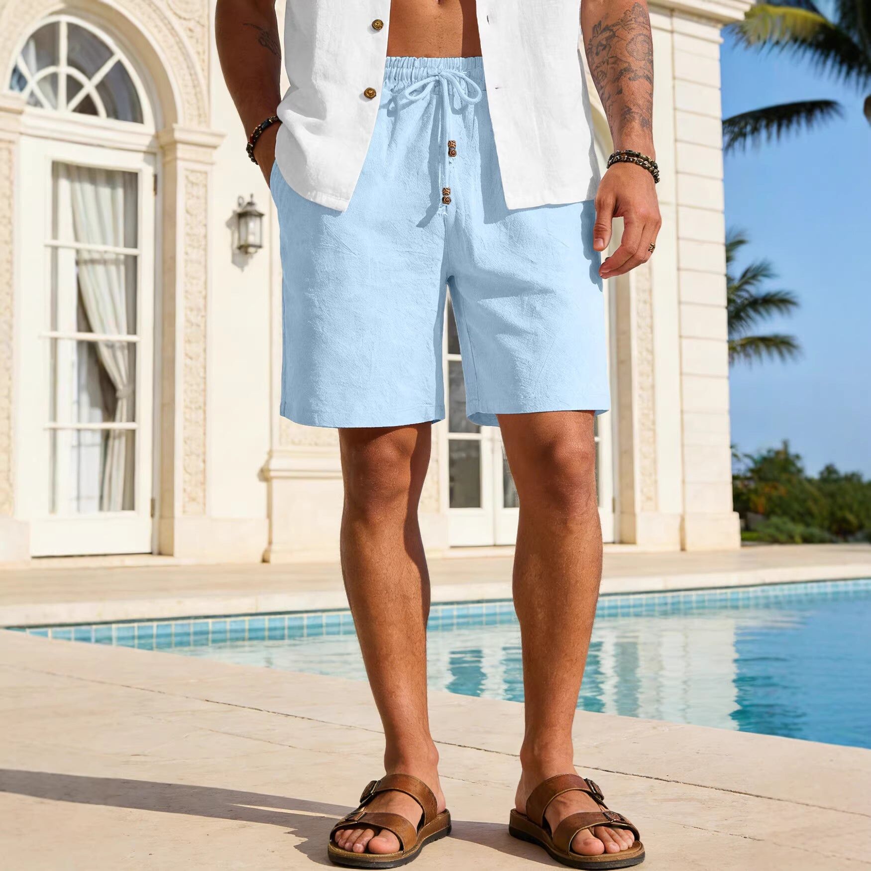 Mens Loose-Fit Solid-Color Cotton-Linen Shorts