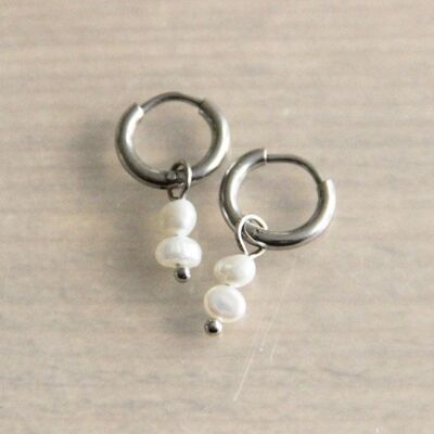 SS353 - Stainless steel creoles with 2 freshwater pearls - silver