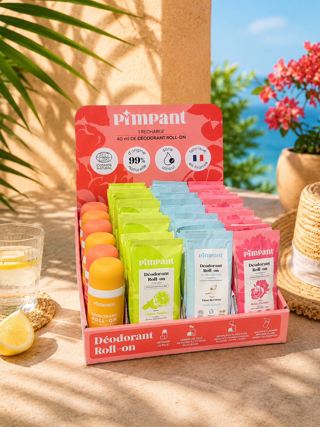 Display stand for roll-on powder deodorants (to be diluted)