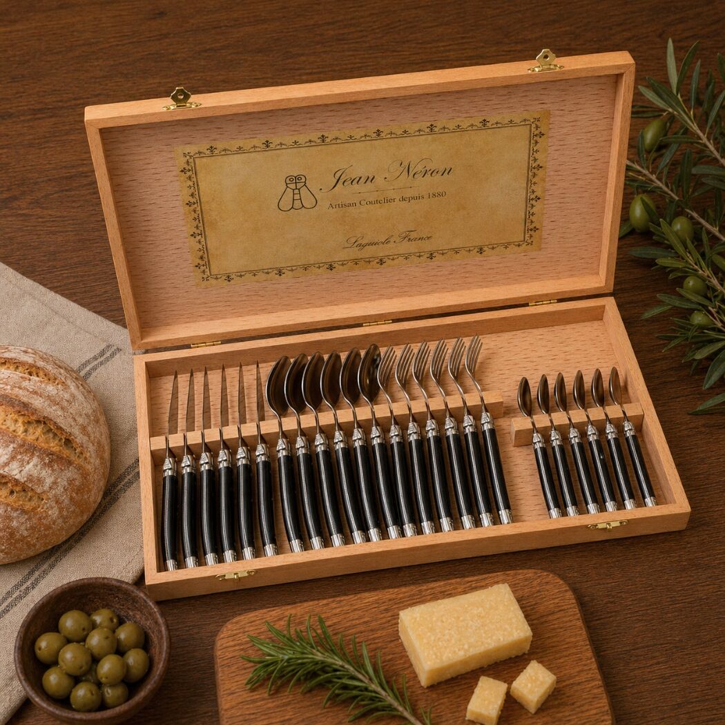 Laguiole 24 Piece Flatware Set, Platine Black in Wood Presentation Box