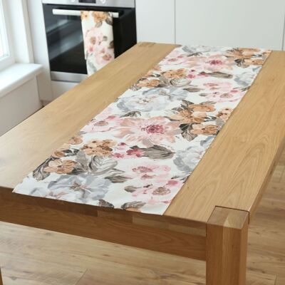 Watercolor flowers table runner, pastel pink gray and beige tableware