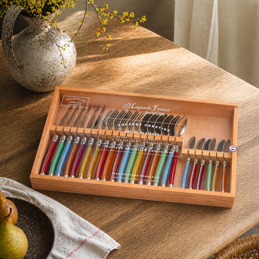 Laguiole 24 Piece Flatware Set, Platine Rainbow in Wood Box with Acrylic Lid