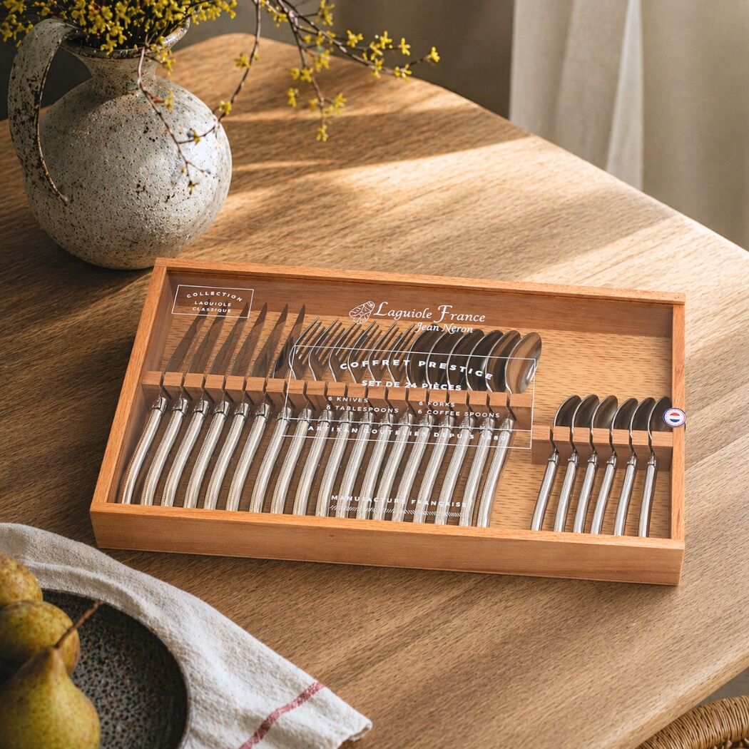 Laguiole 24 Piece Flatware Set, Platine Stainless Steel in Wood Box with Acrylic Lid