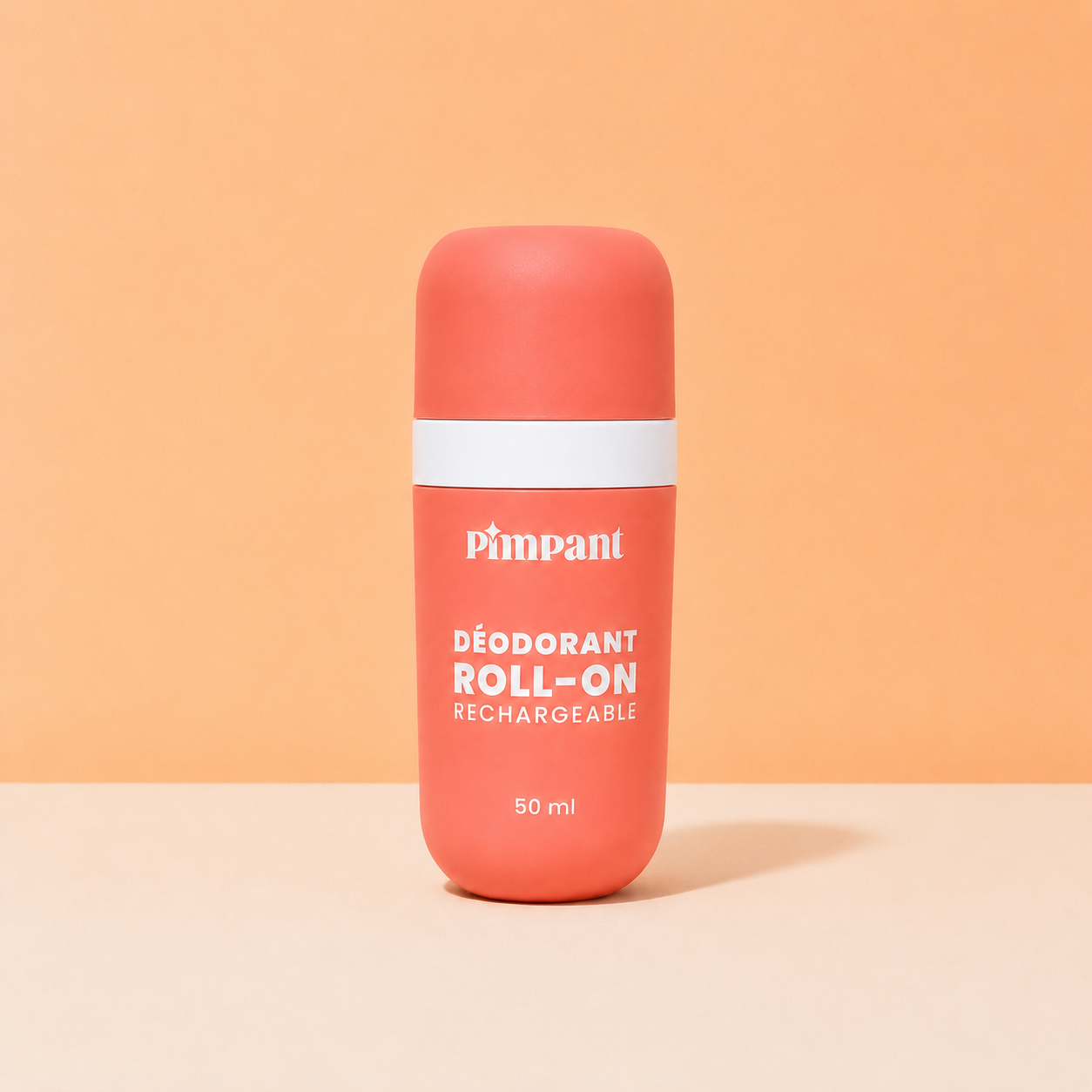 Empty Coral Pink Roll-On Deodorant Bottle