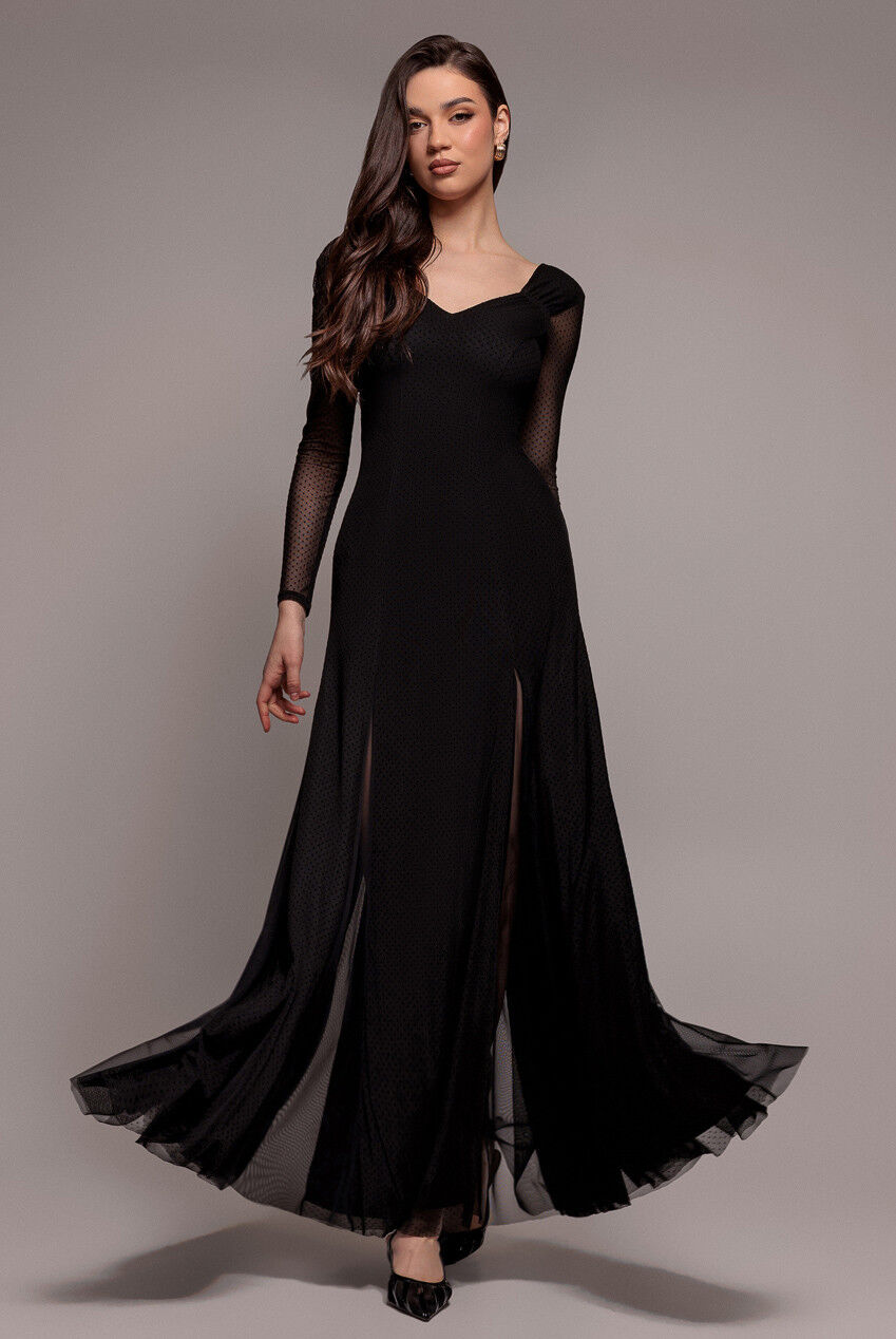 Maxikleid mit langen Ärmeln und Dobby-Mesh-Einsatz in A-Linie DR4897