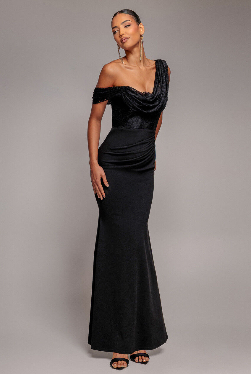 Maxikleid aus Scuba-Crêpe mit Wasserfallausschnitt und One-Shoulder-Ausschnitt DR5093