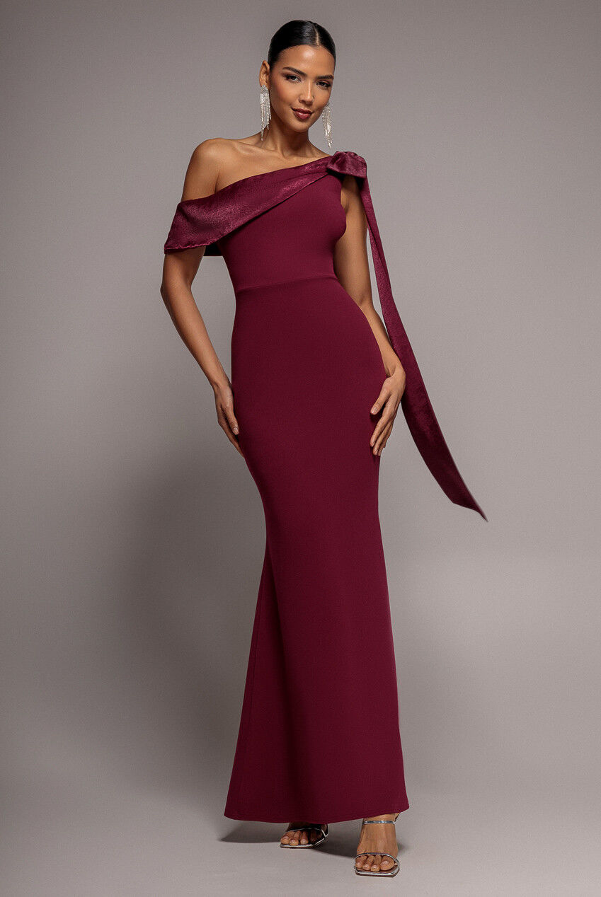 Maxikleid DR5021 mit One-Shoulder-Umhang aus weichem Satin mit Schleife