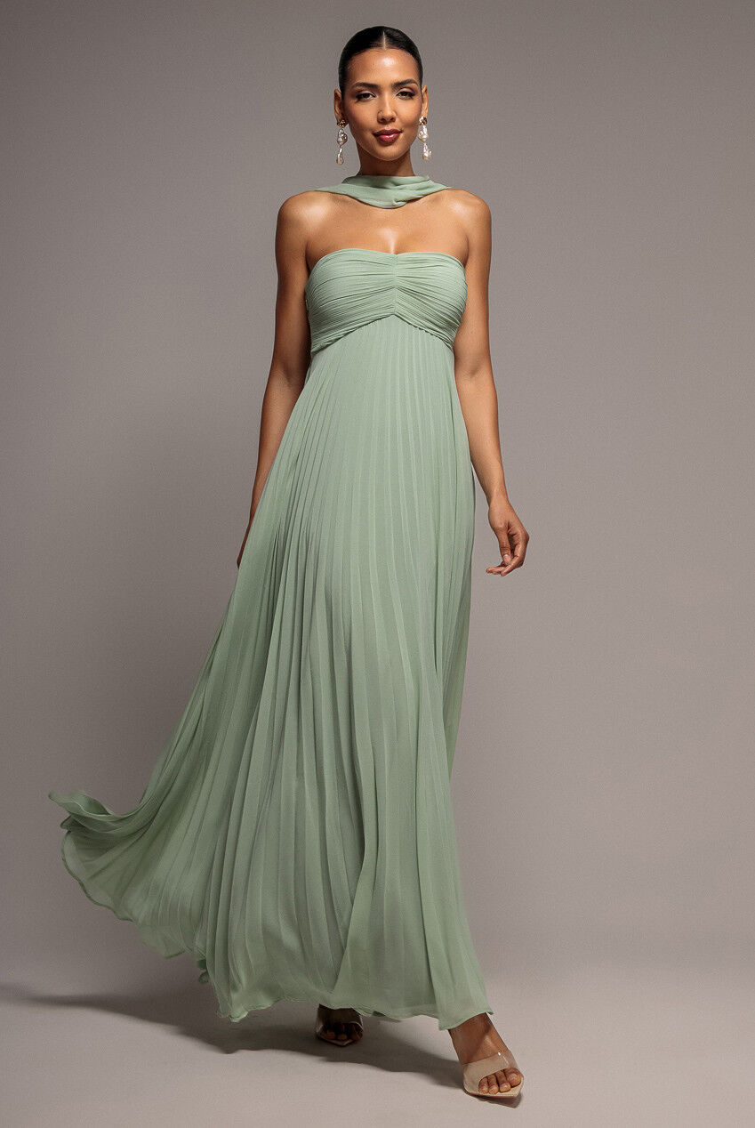 Ärmelloses, plissiertes Chiffon-Maxikleid mit Schal, vielseitig tragbar, DR4829