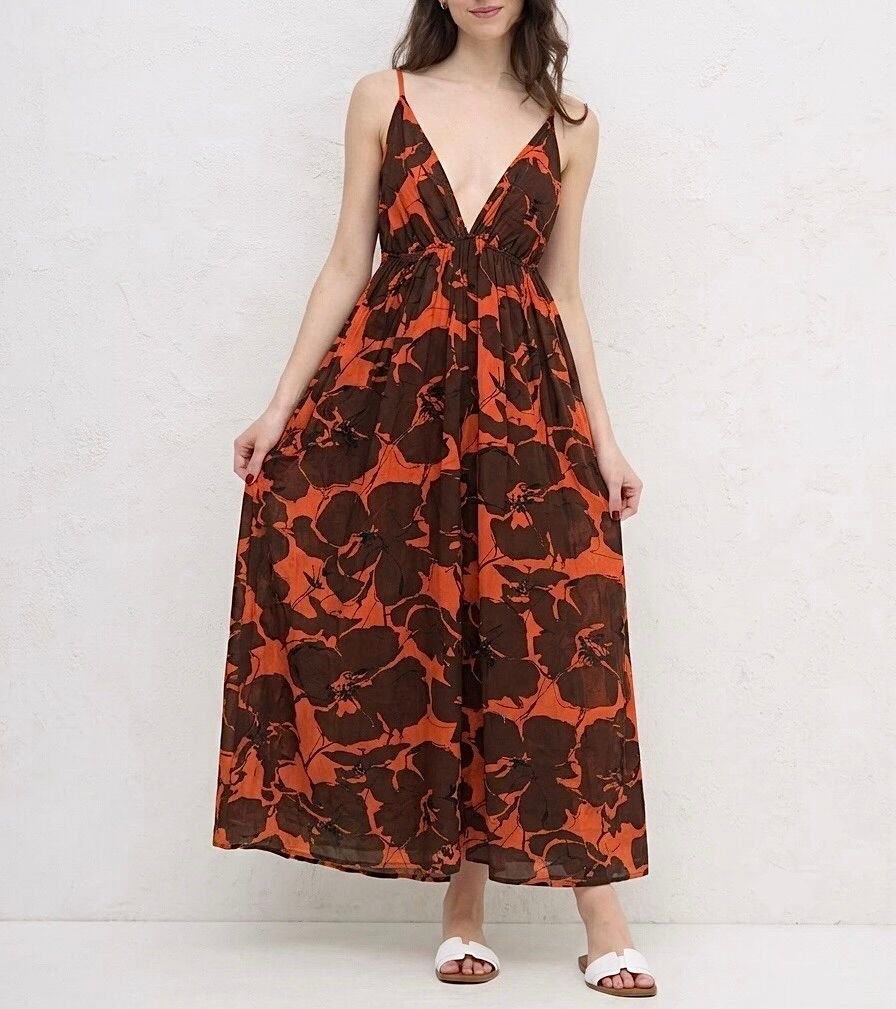 Floral print maxi dress with plunging V-neck, straps, and loose fit