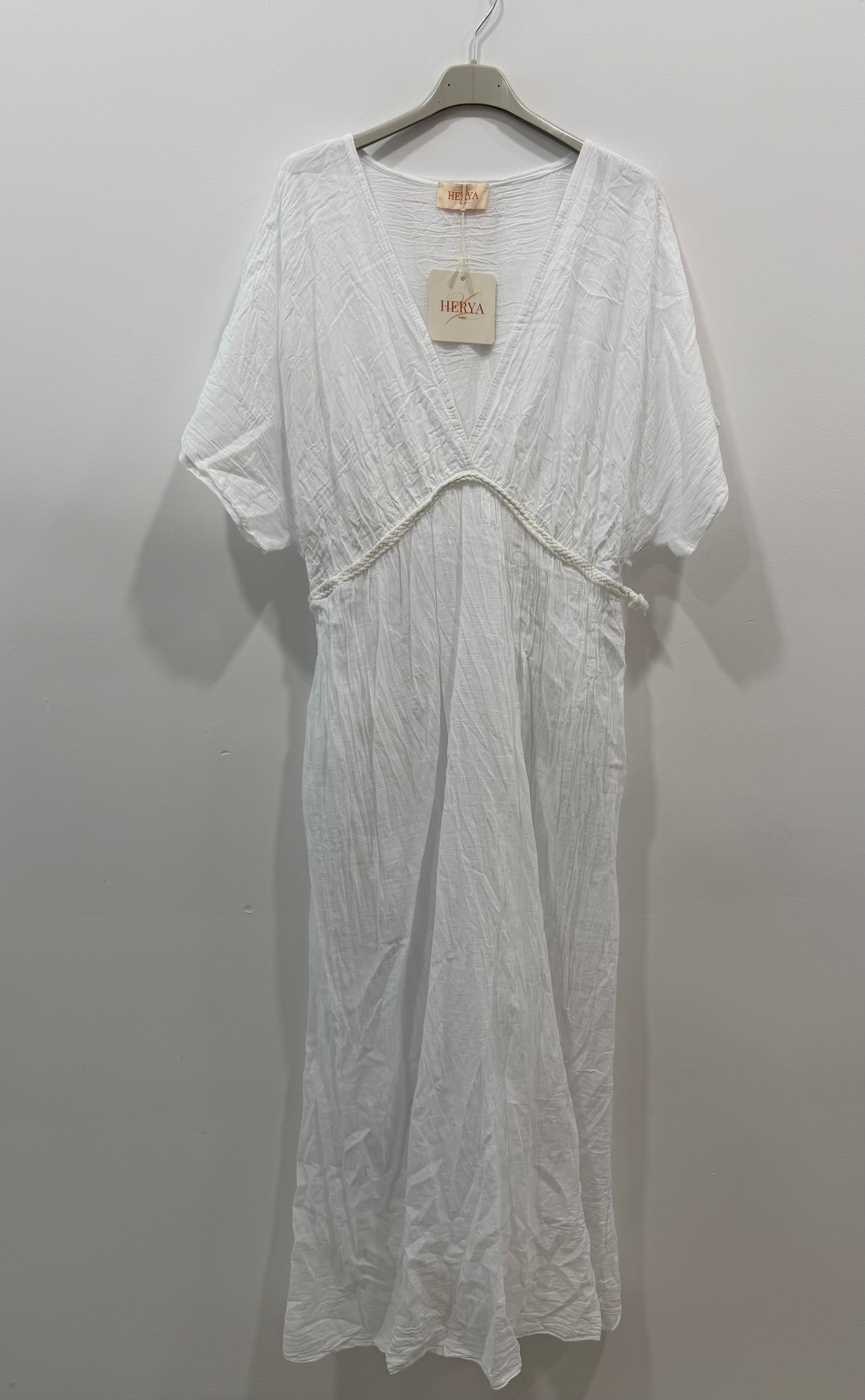 Robe longue doublée manches courtes col V tresse taille empire