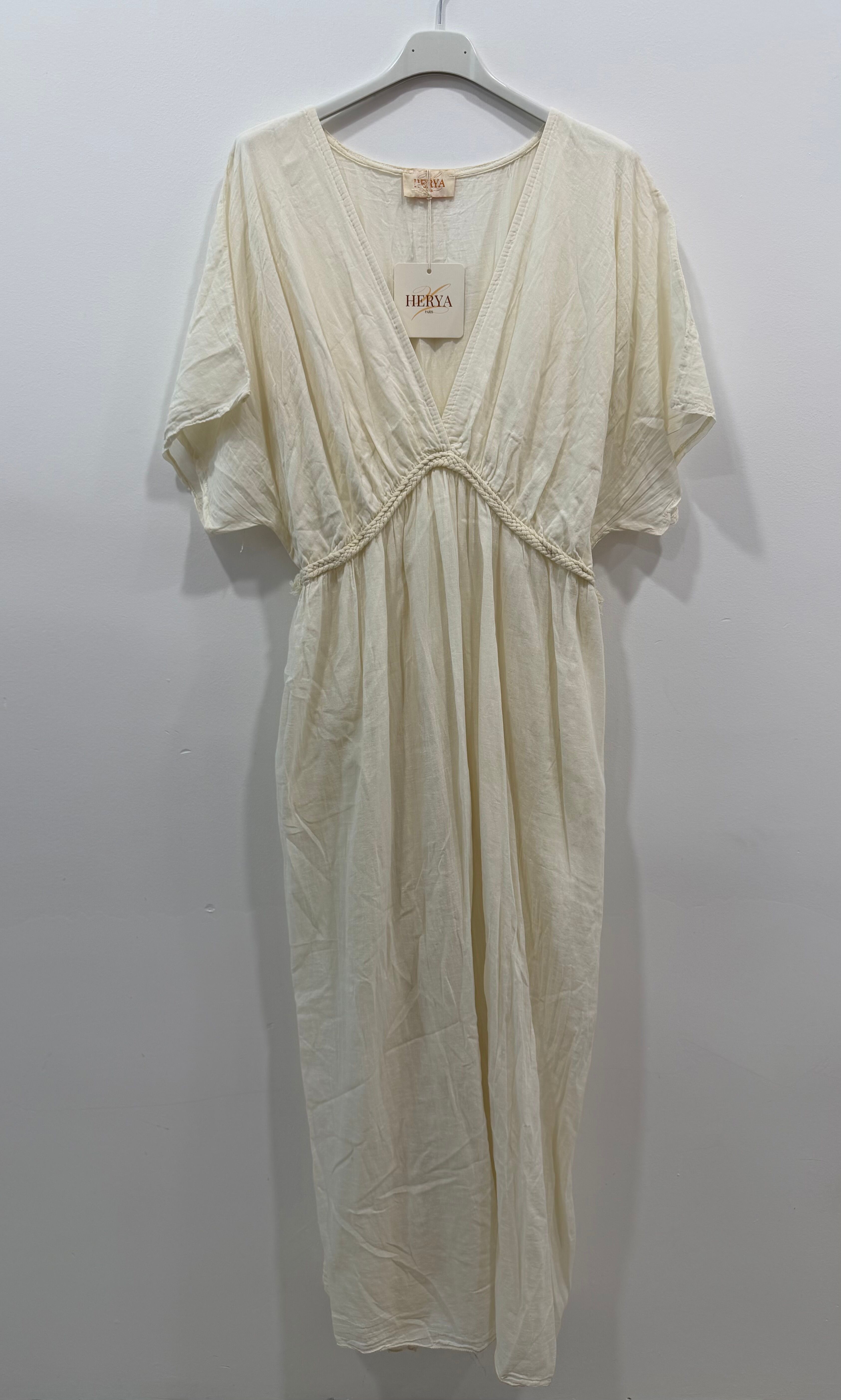 Robe longue doublée manches courtes col V tresse taille empire
