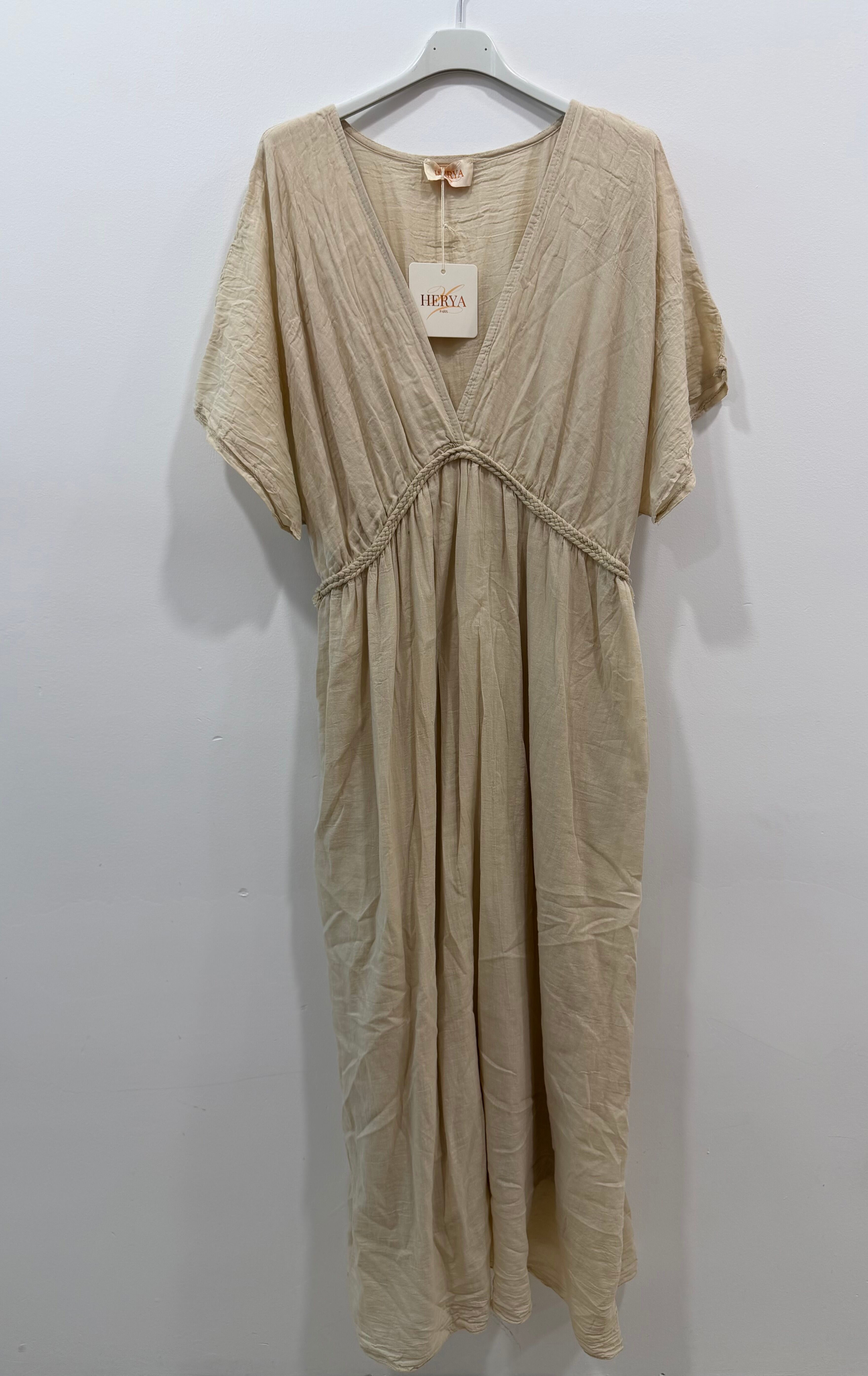 Robe longue doublée manches courtes col V tresse taille empire