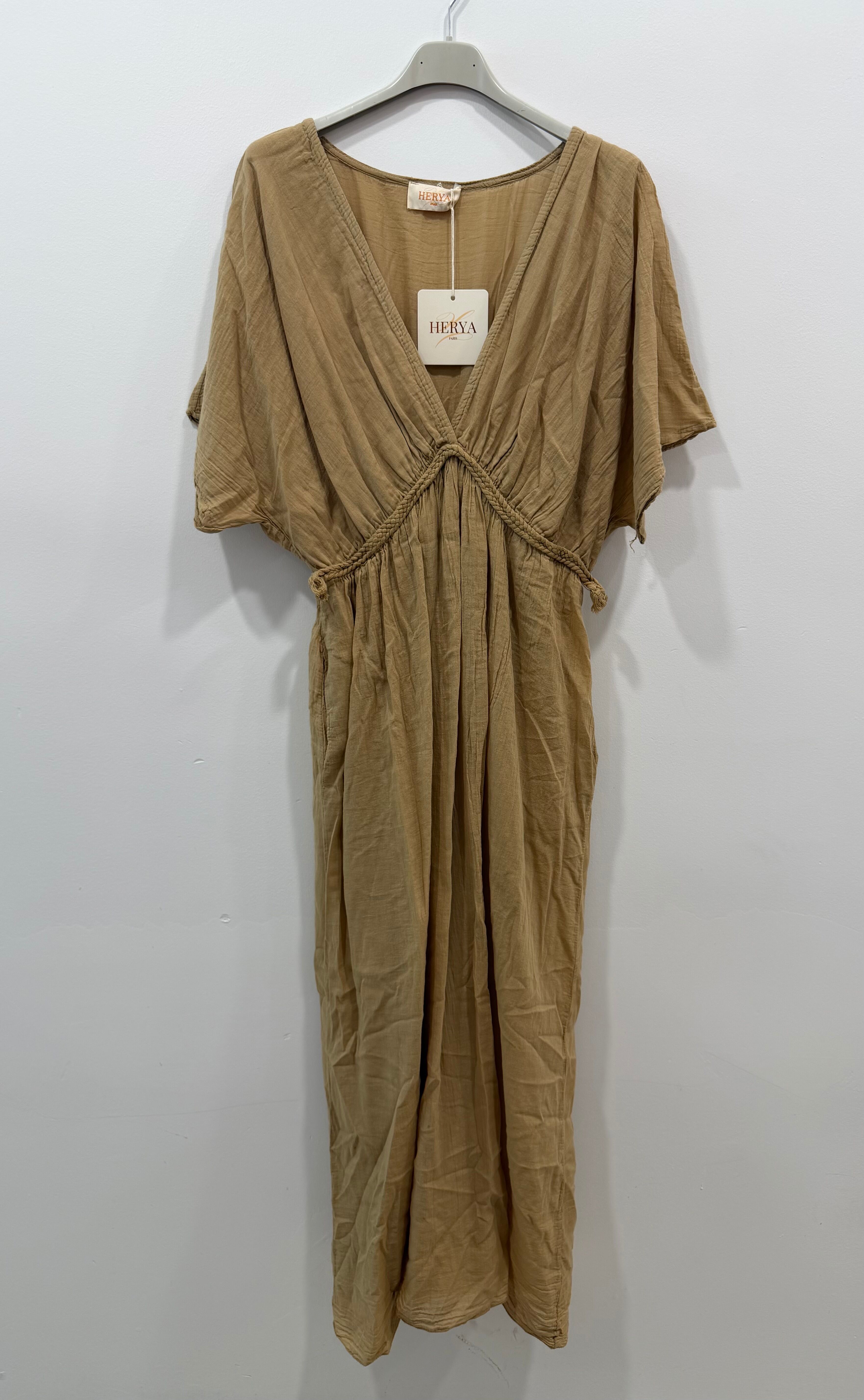 Robe longue doublée manches courtes col V tresse taille empire