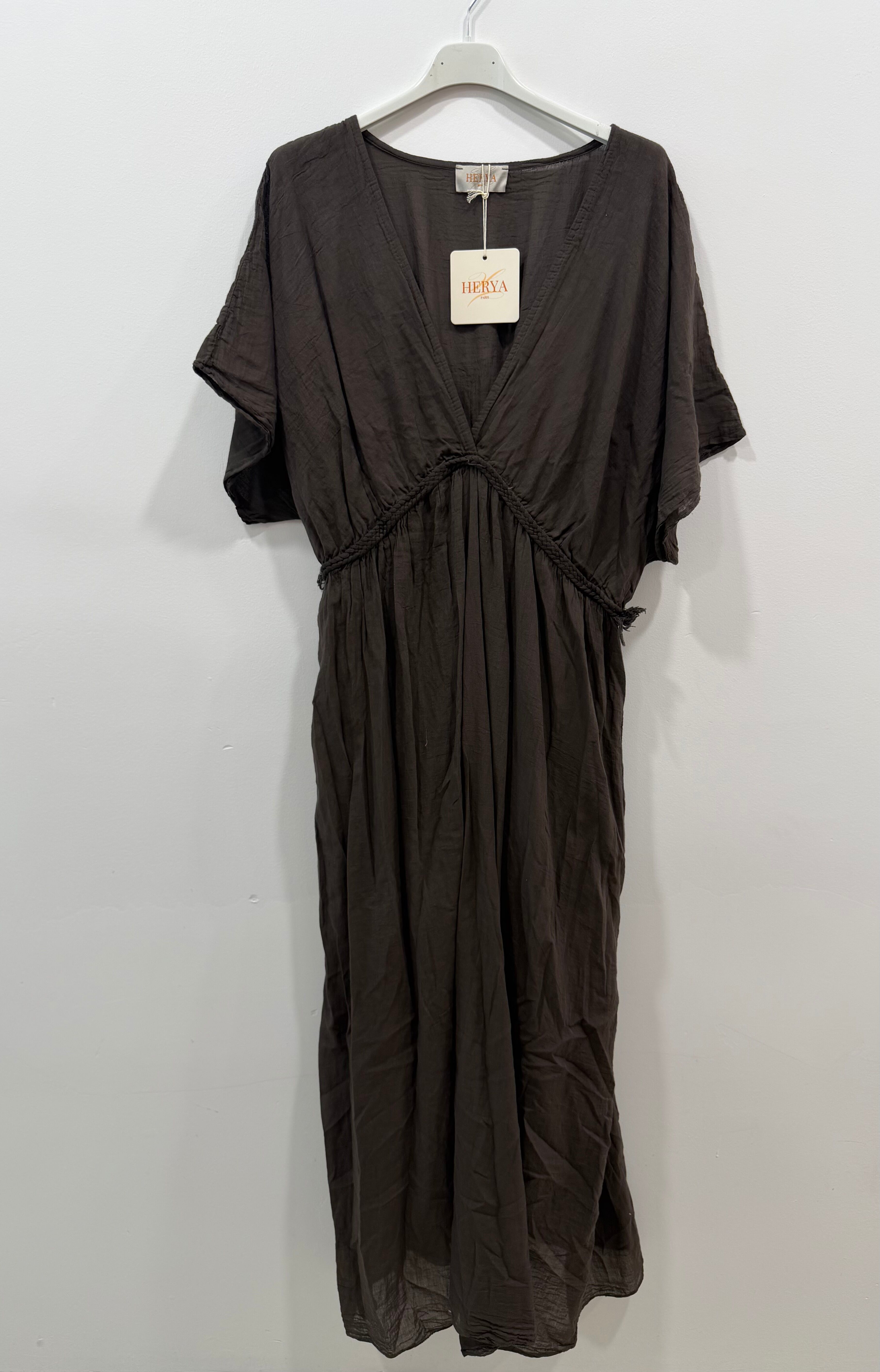 Robe longue doublée manches courtes col V tresse taille empire