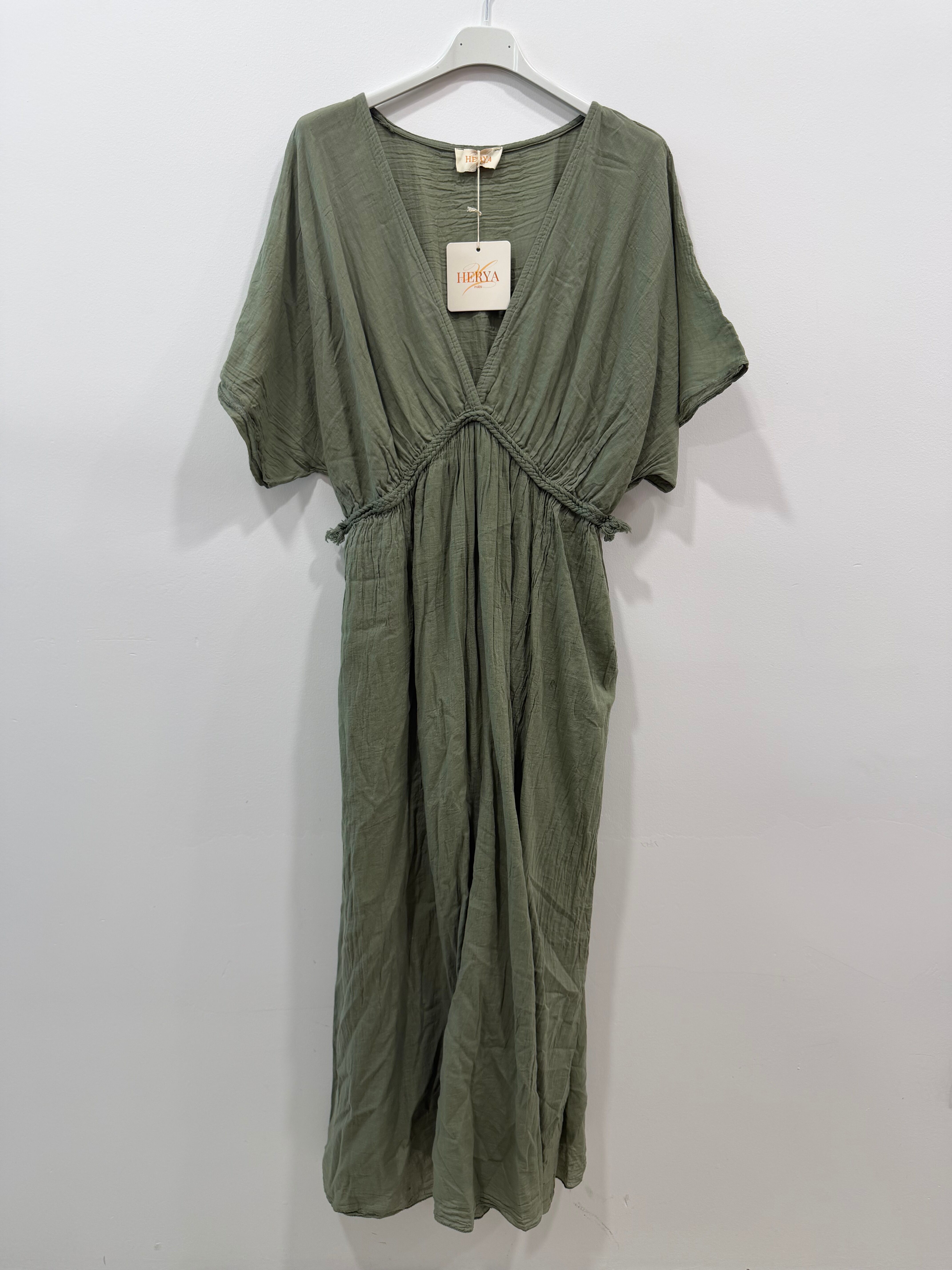 Robe longue doublée manches courtes col V tresse taille empire