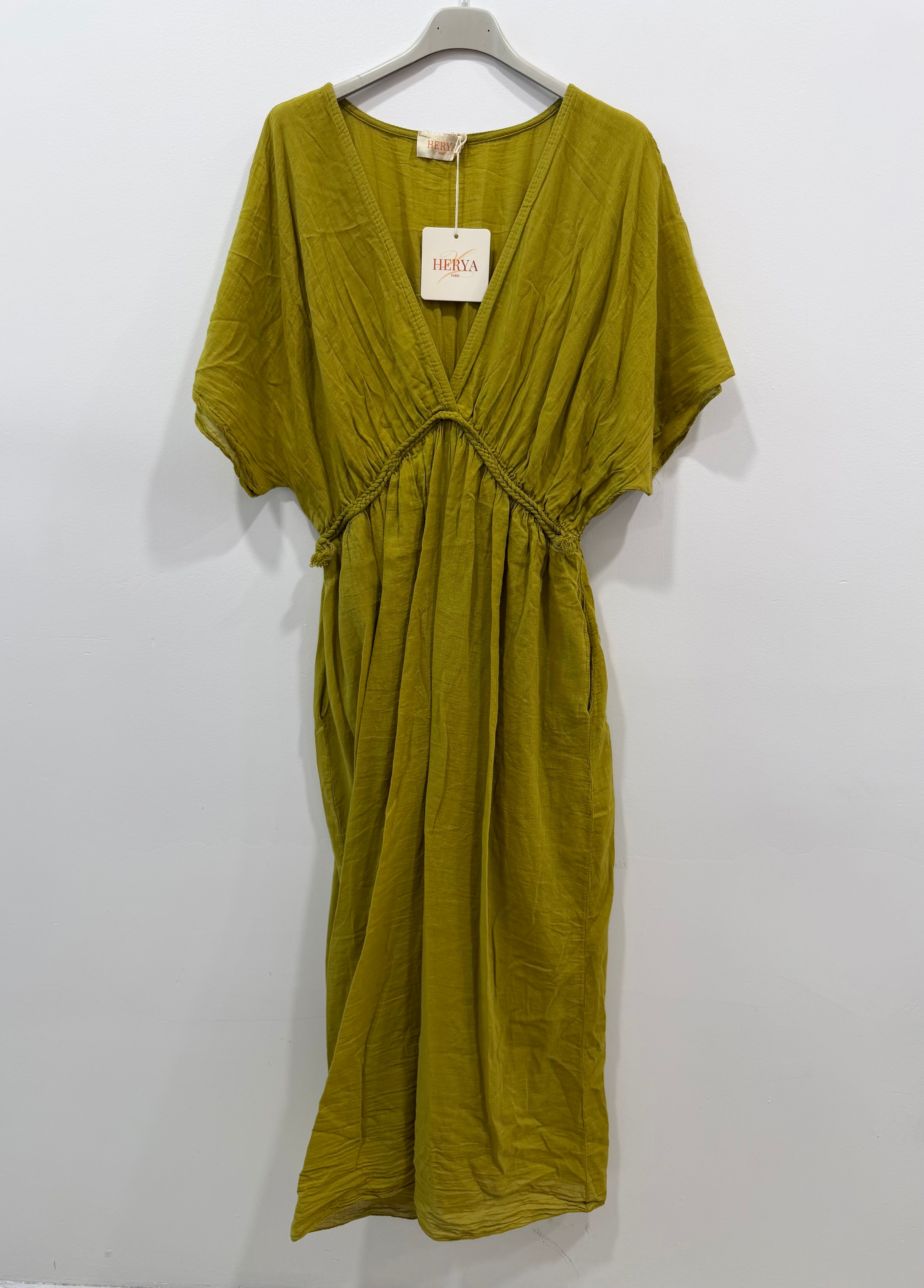 Robe longue doublée manches courtes col V tresse taille empire