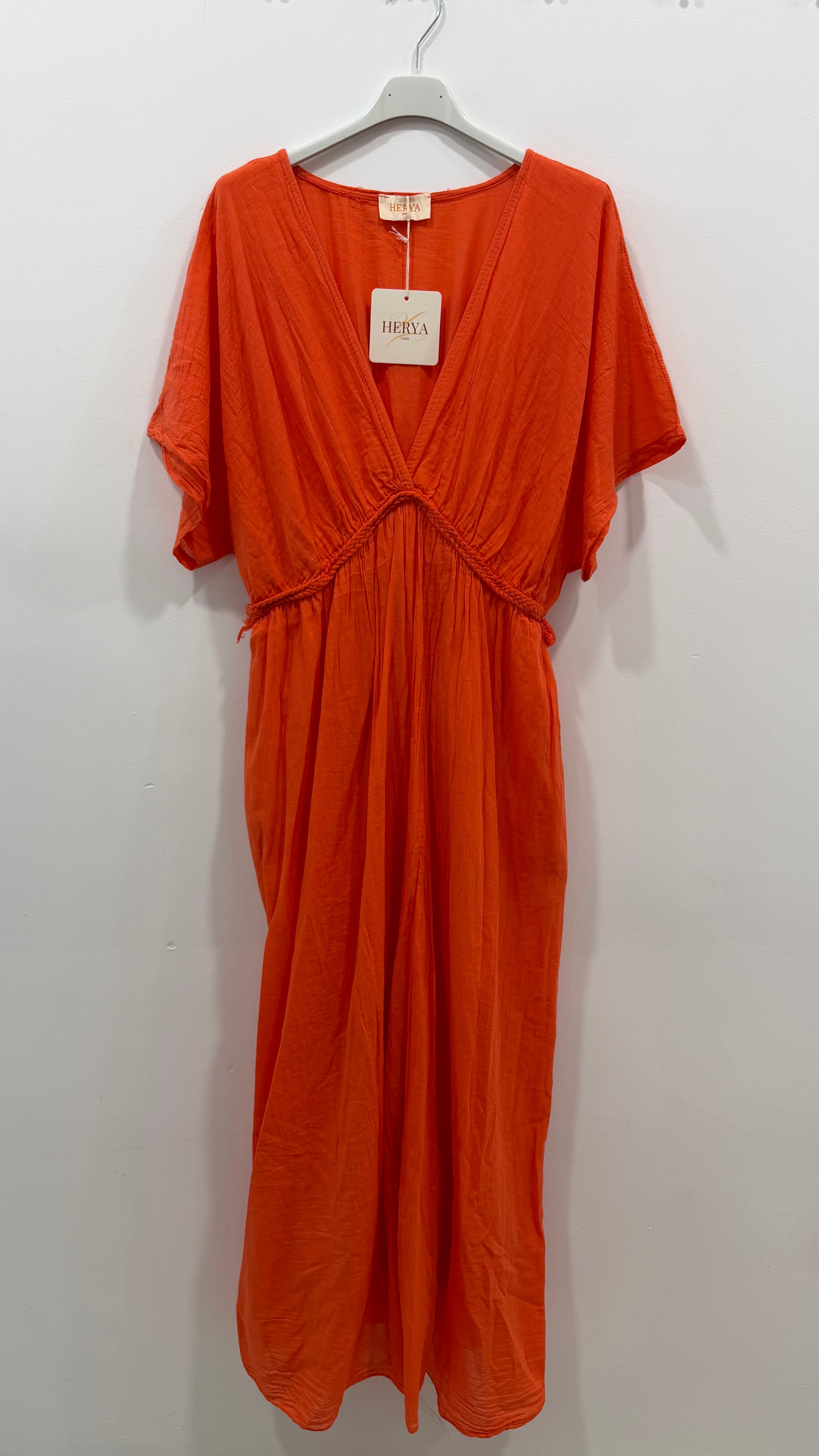 Robe longue doublée manches courtes col V tresse taille empire