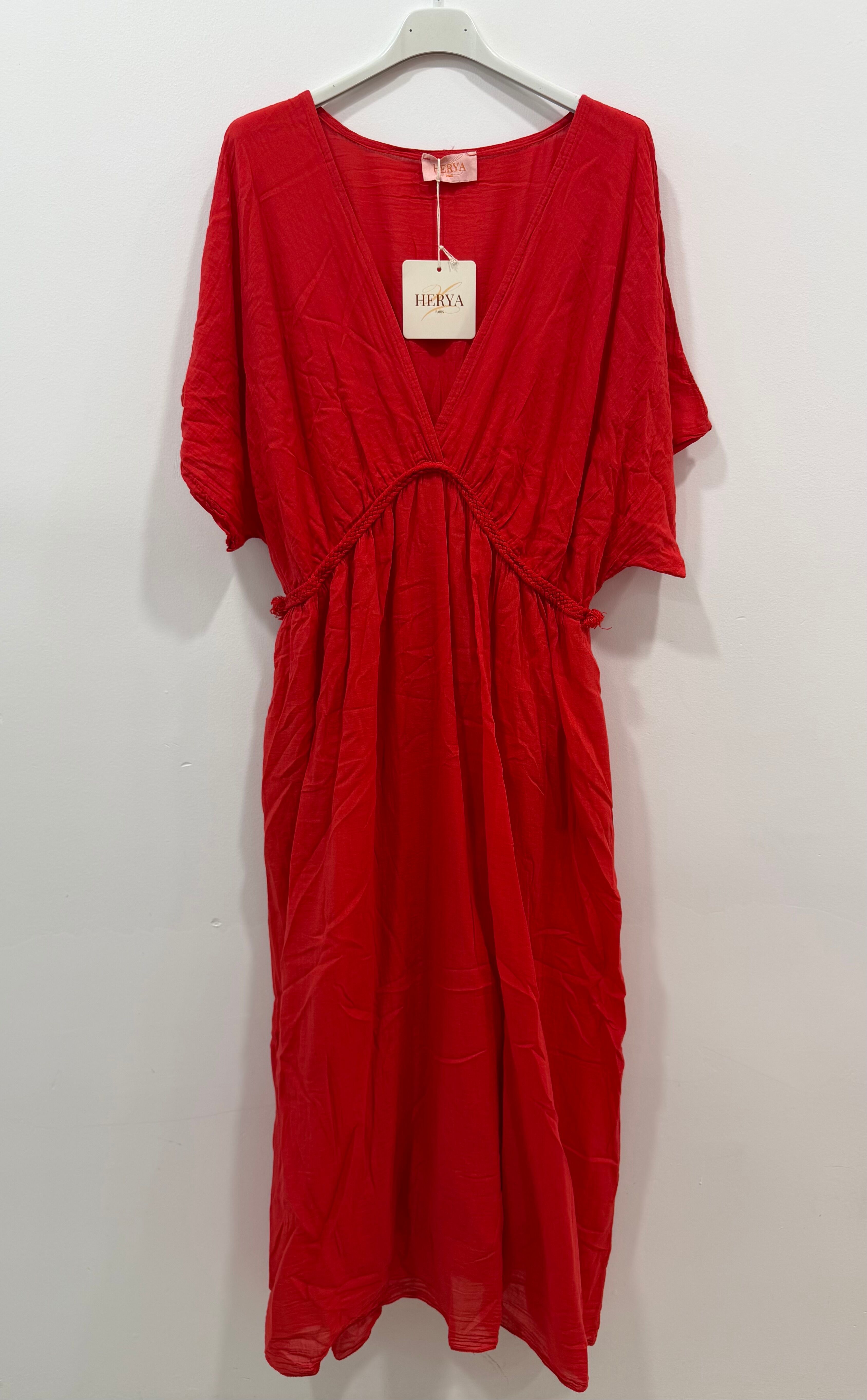 Robe longue doublée manches courtes col V tresse taille empire