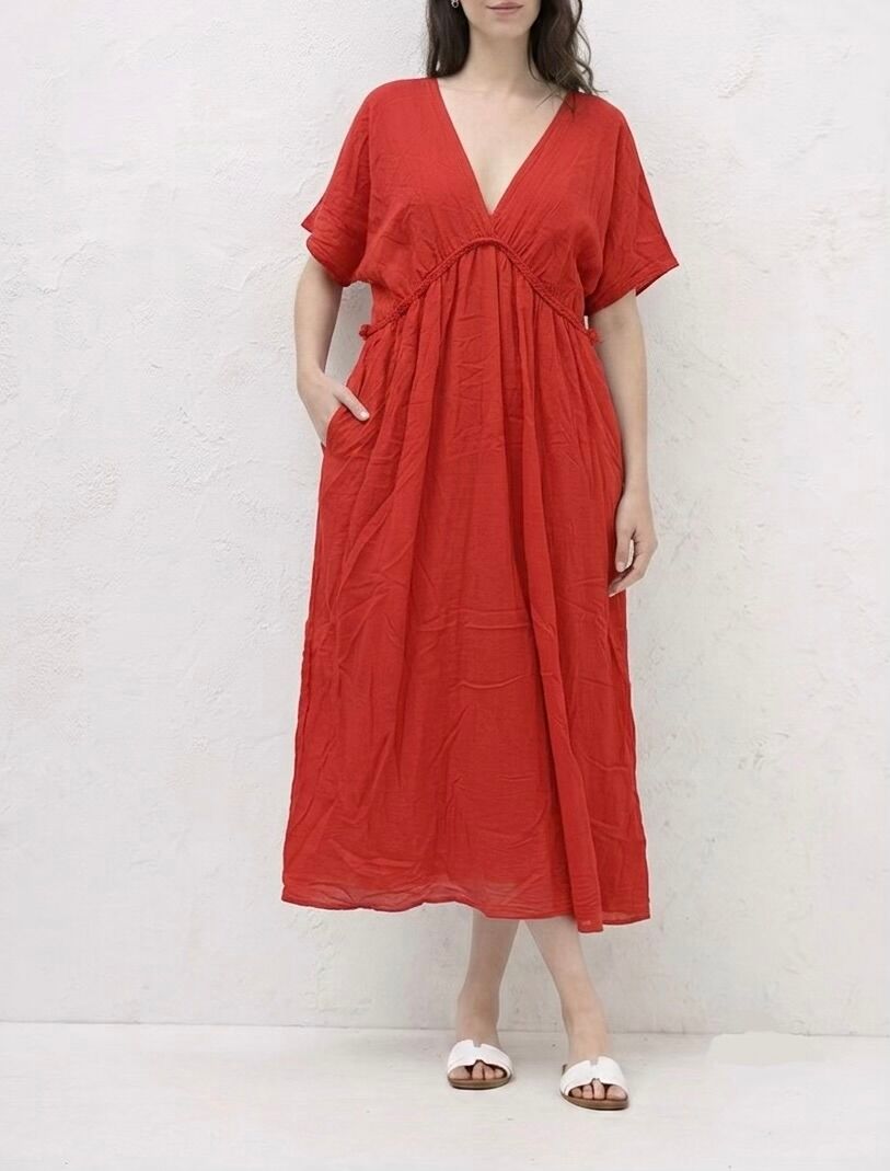 Robe longue doublée manches courtes col V tresse taille empire