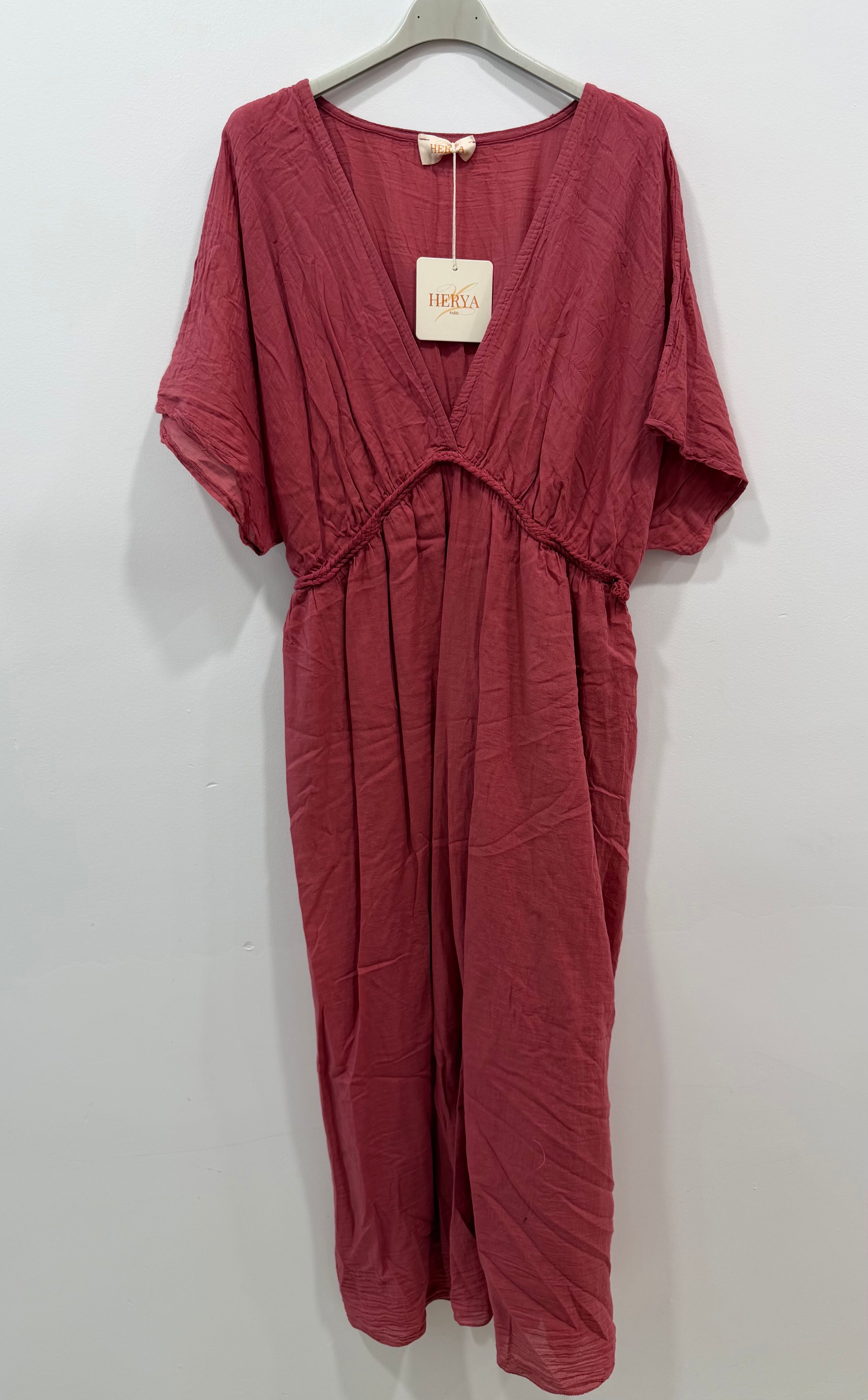 Robe longue doublée manches courtes col V tresse taille empire
