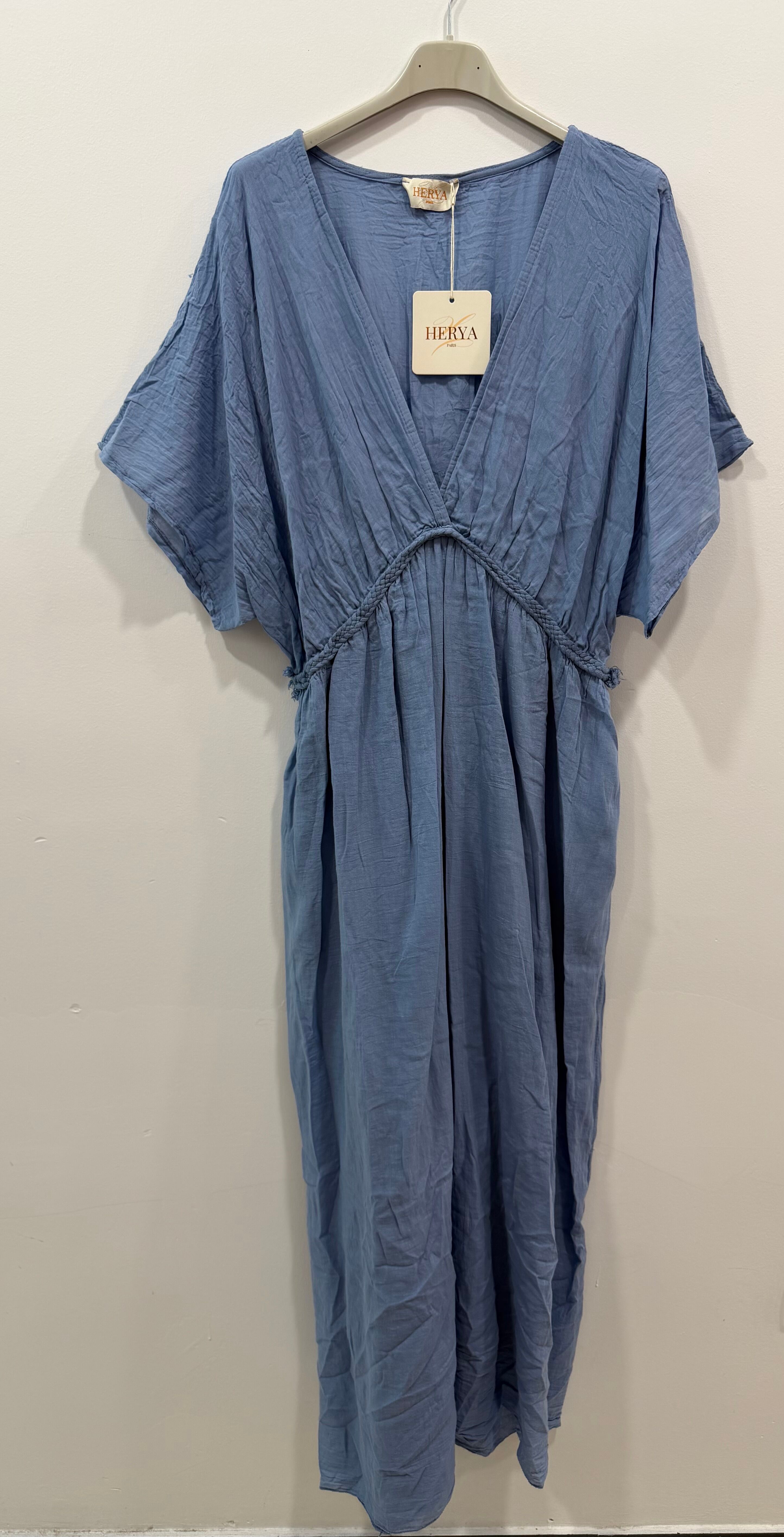 Robe longue doublée manches courtes col V tresse taille empire