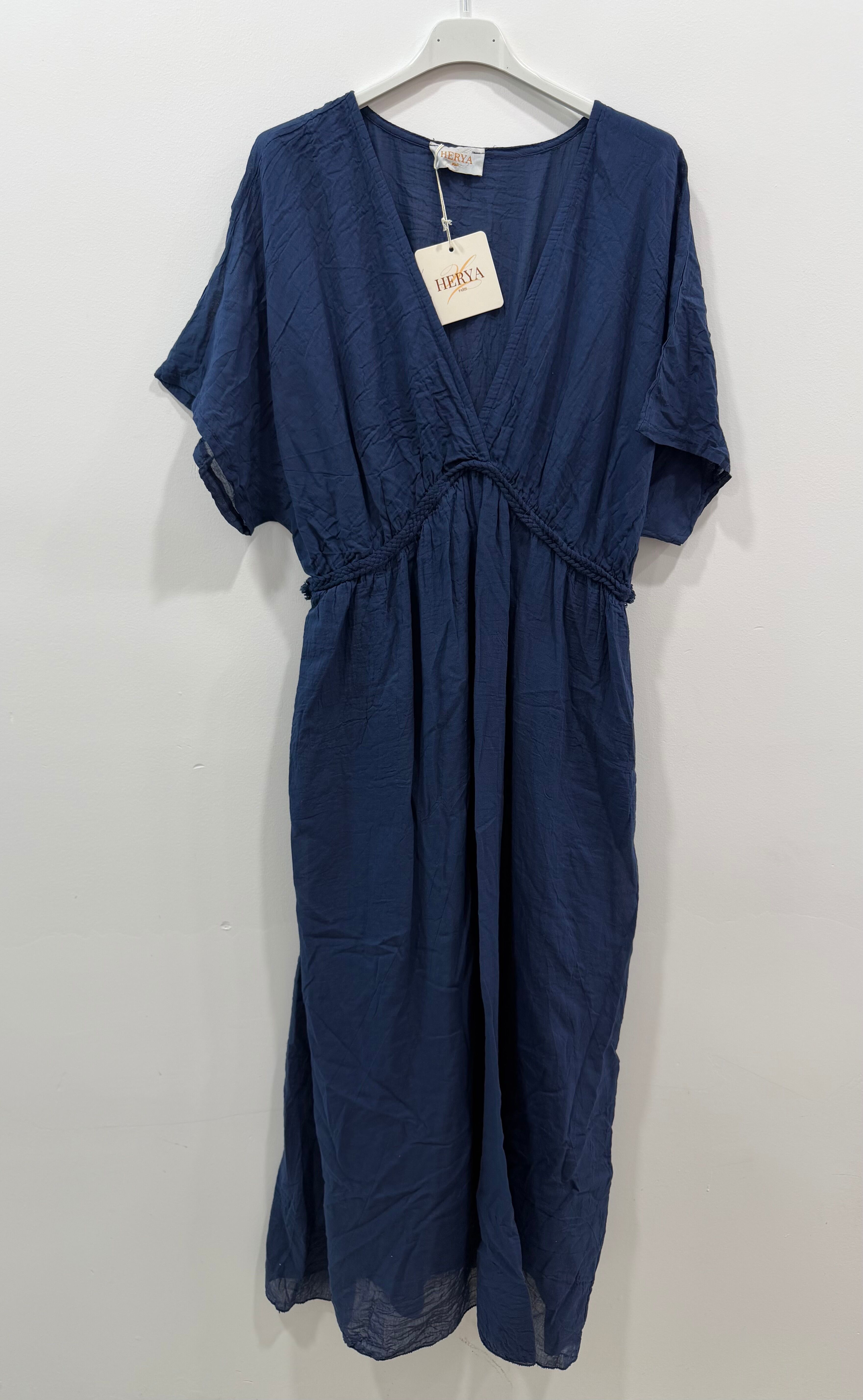 Robe longue doublée manches courtes col V tresse taille empire