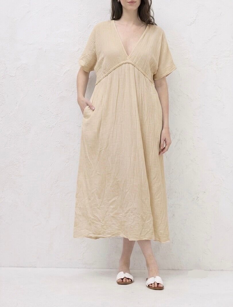 Robe longue doublée manches courtes col V tresse taille empire