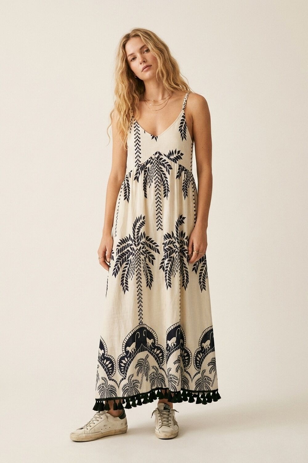 Cream Maxi Dress with navy Palm Print and Tassels