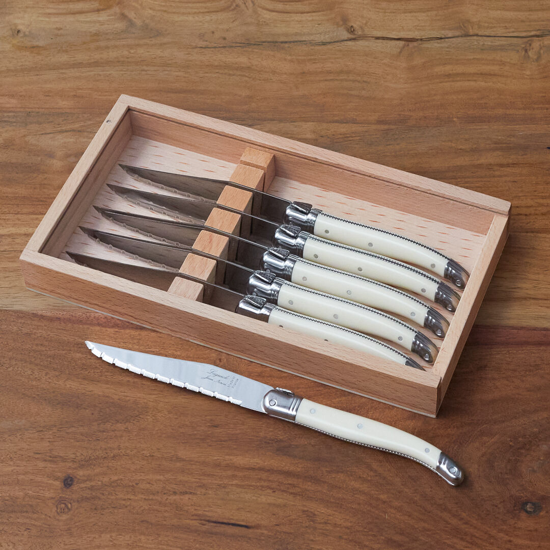 Laguiole 6 Piece Steak Knife Set, Platine Ivory in Wood Box with Acrylic Lid
