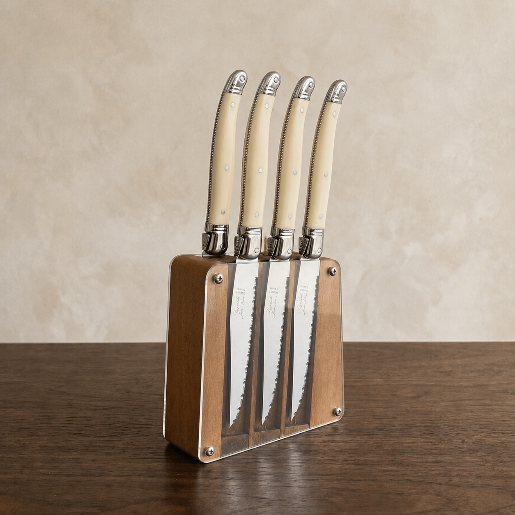 Laguiole 6 Piece Steak Knife Set, Platine Ivory in Acrylic Block