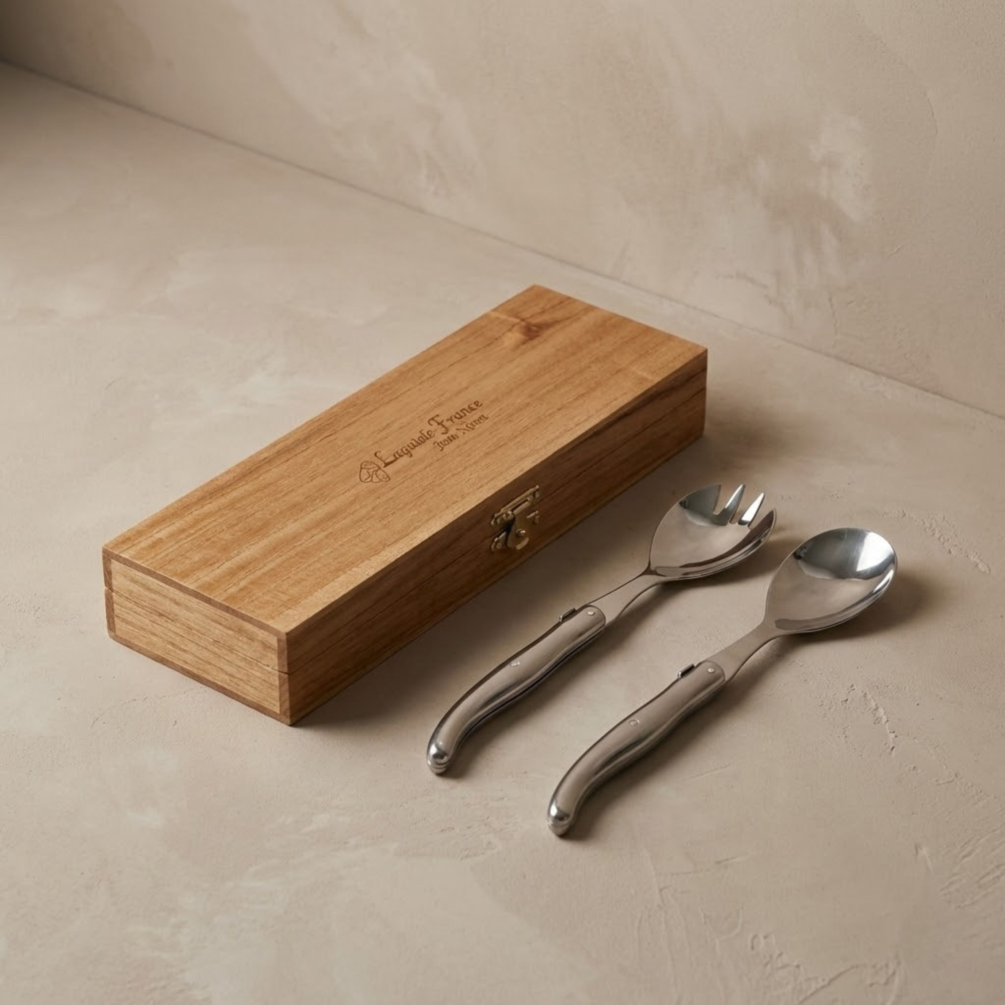 Laguiole Salad Serving Set, Platine Stainless Steel in wooden box
