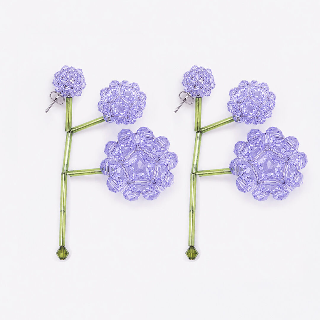 Boucles d'oreilles fleurs violettes en perles et cristaux - Paeonia Viola