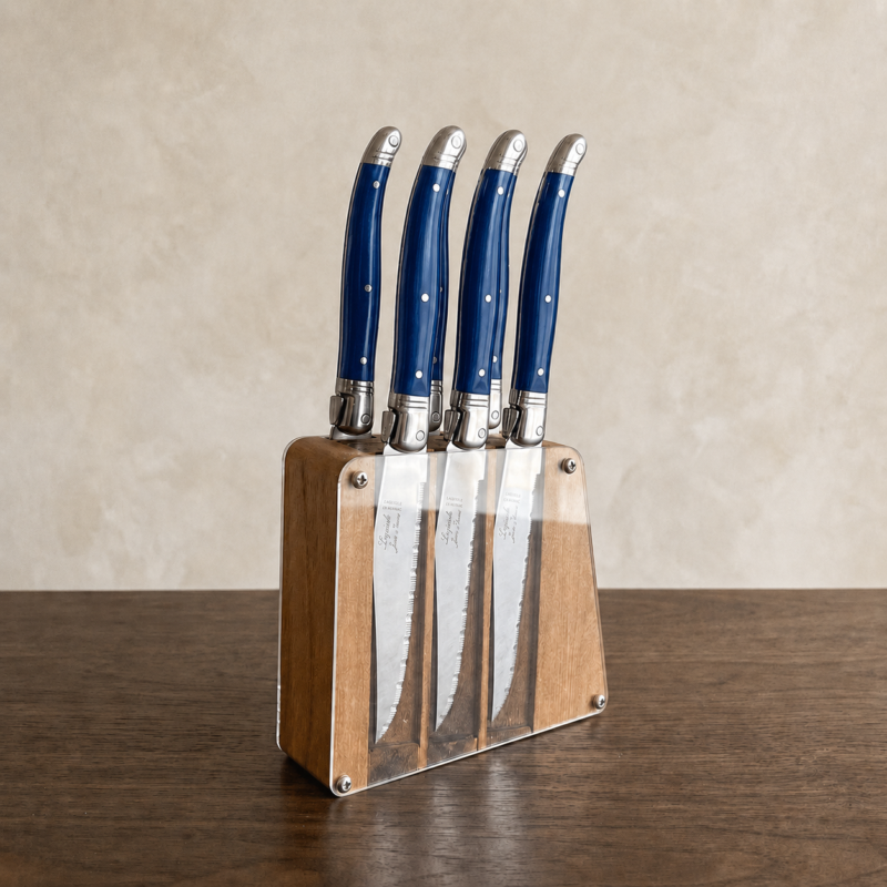 Laguiole 6 Piece Steak Knife Set, French Blue in Acrylic Block _x000D_