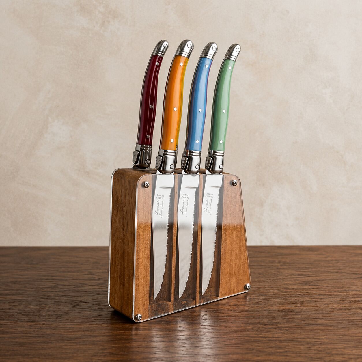 Laguiole 6 Piece Steak Knife Set, Rainbow in Acrylic Block
