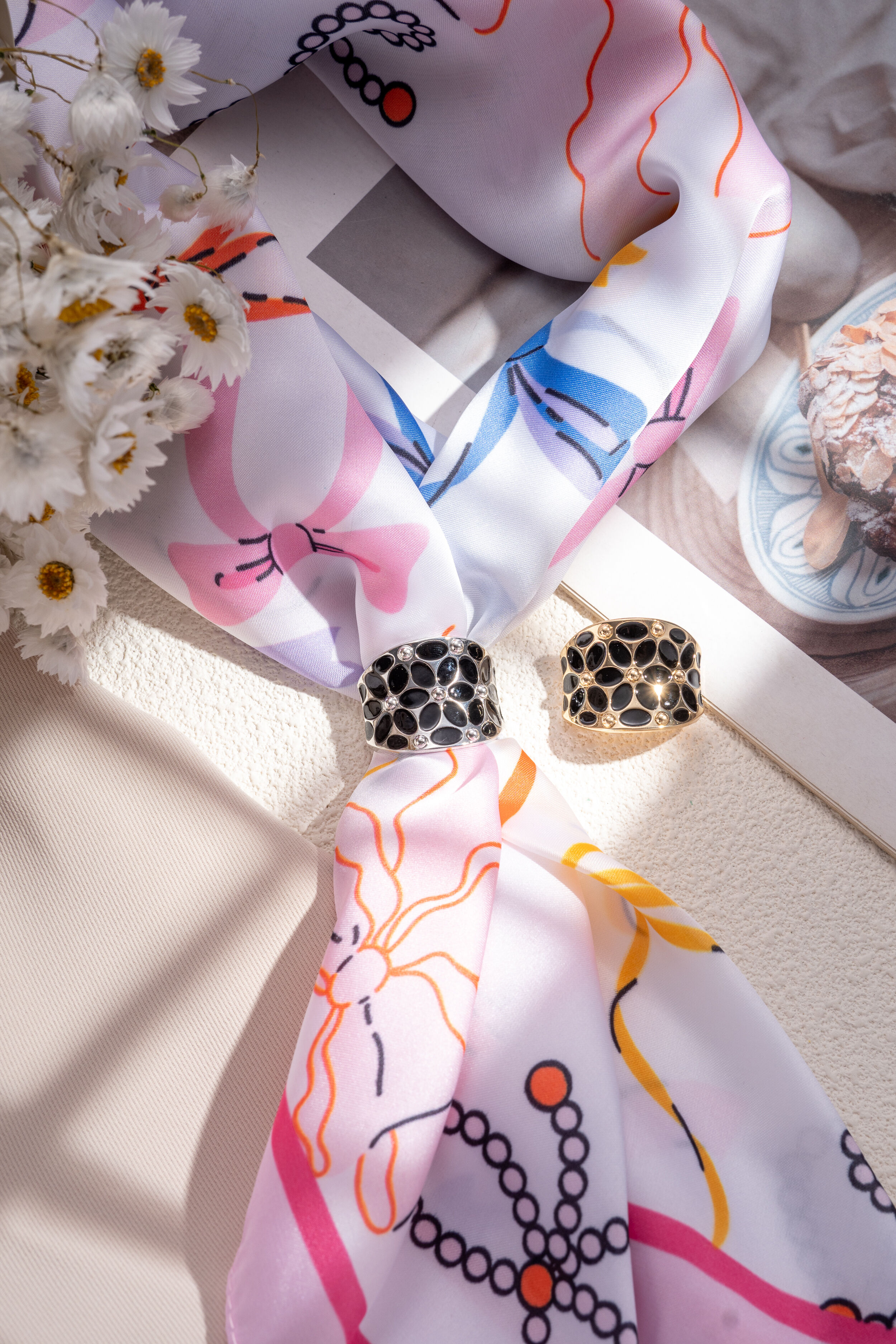 Elegant modern rhodium-plated silver floral scarf buckle