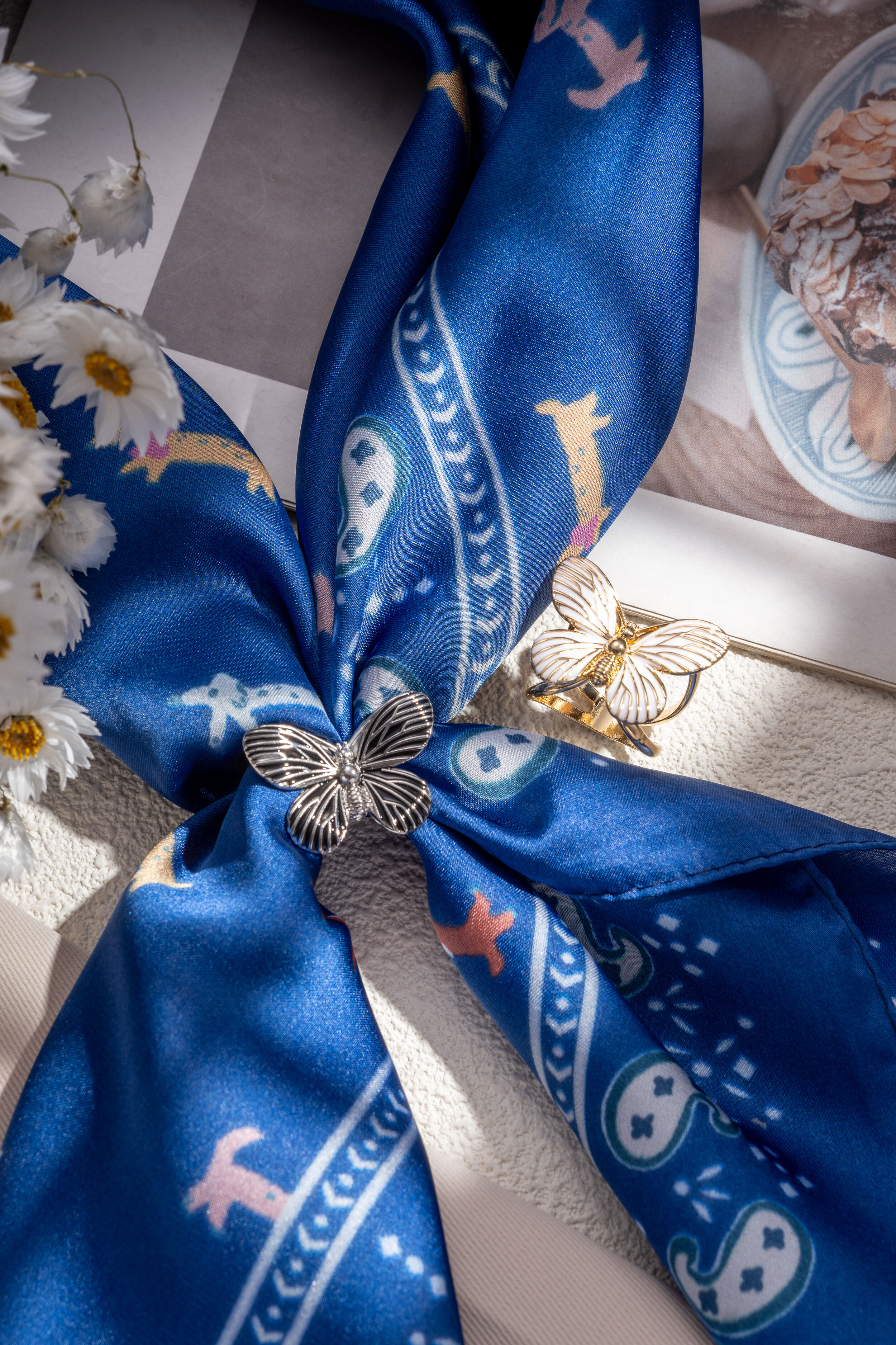Elegant feminine gold and silver metal butterfly scarf buckle