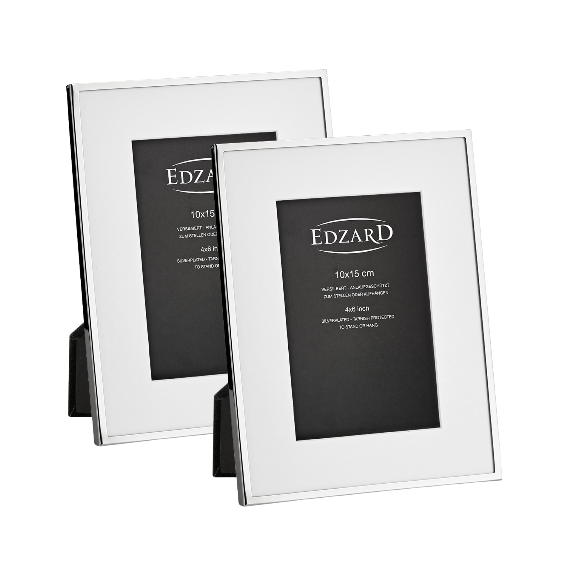 EDZARD 2-piece set of Rimini photo frames for 10 x 15 cm photos, passe-partout, elegantly silver-plated, tarnish-resistant, 2 hangers
