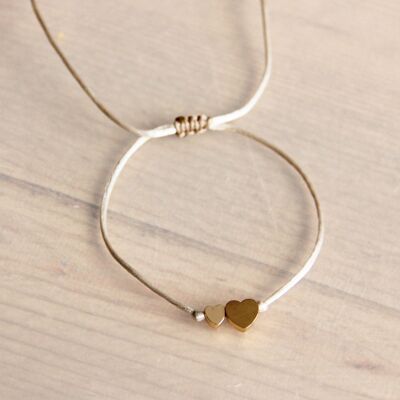 FW138 -  Satin bracelet with small and large heart - taupe / gold