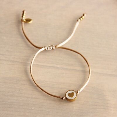 FW118 - Bracelet fil de soie avec perle coeur - couleur champagne / or