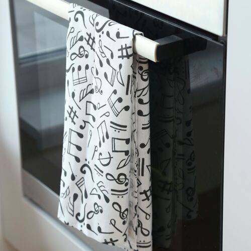 Cotton washable tea towel, black and white music notes pattern