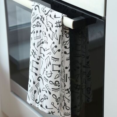Cotton washable tea towel, black and white music notes pattern