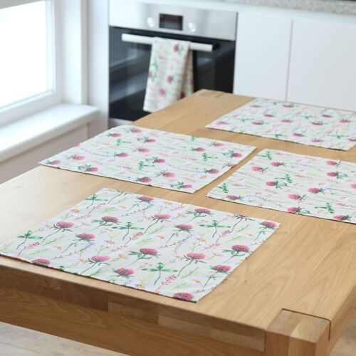 Washable cotton fabric napkins, Herbs flowers pattern table mats, Set of 4