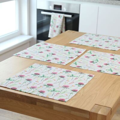 Serviettes en tissu de coton lavables, tapis de table motif fleurs herbes, lot de 4