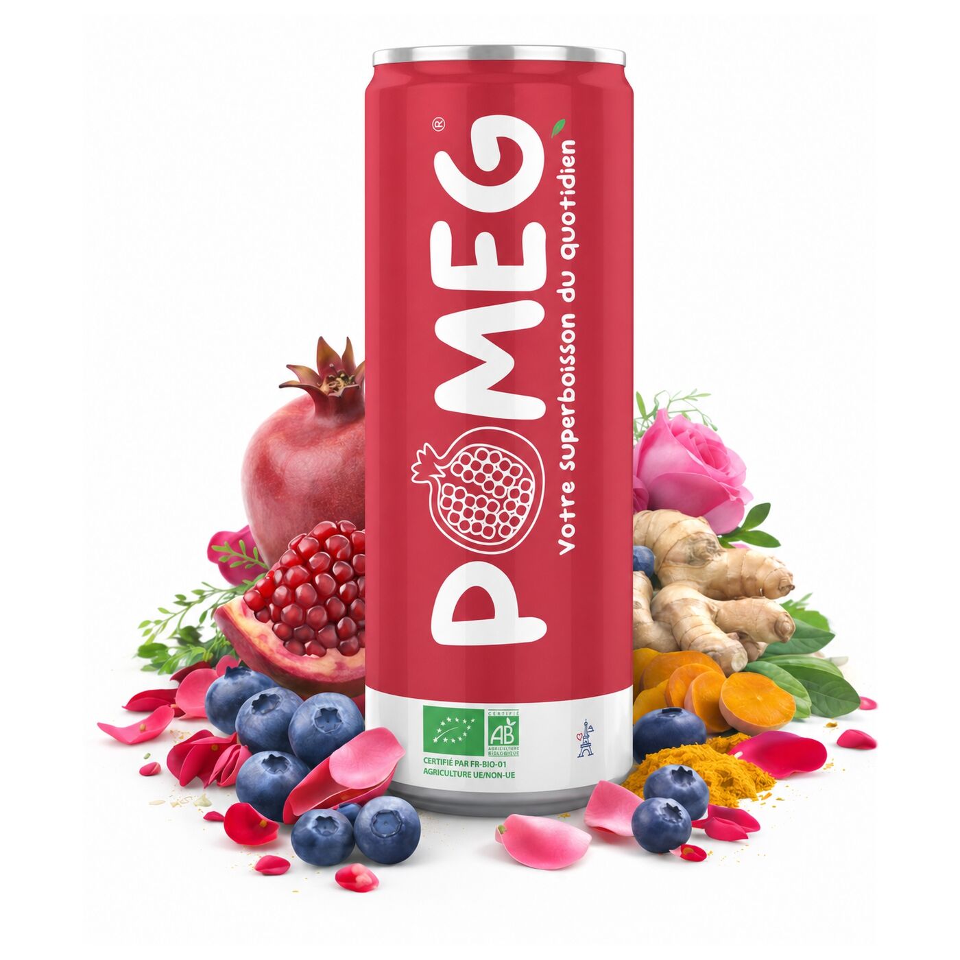 New: POMEG - Superdrink: organic pomegranate juice, blueberry, turmeric, ginger, rose | 25cl | Non-alcoholic cocktail drink