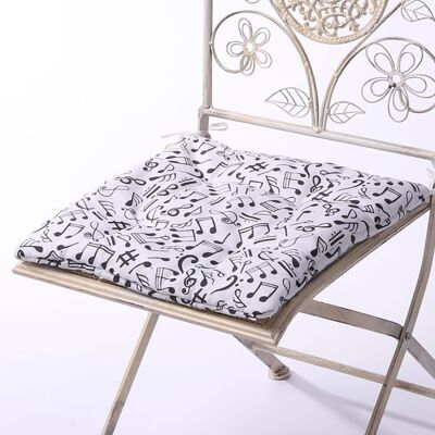 Music notes chair pad with ties, Black and white decor