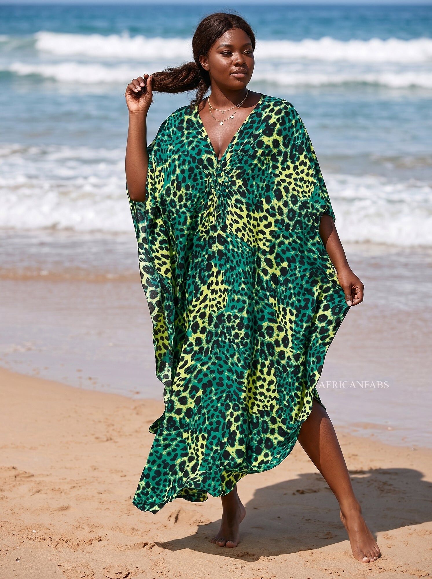 Boho rayon kaftan dress - Green Black Jungle Leopard