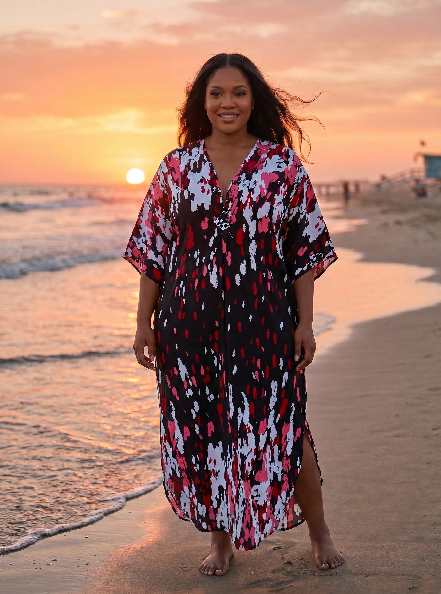 Boho rayon kaftan dress - Black Red Sunset Splash