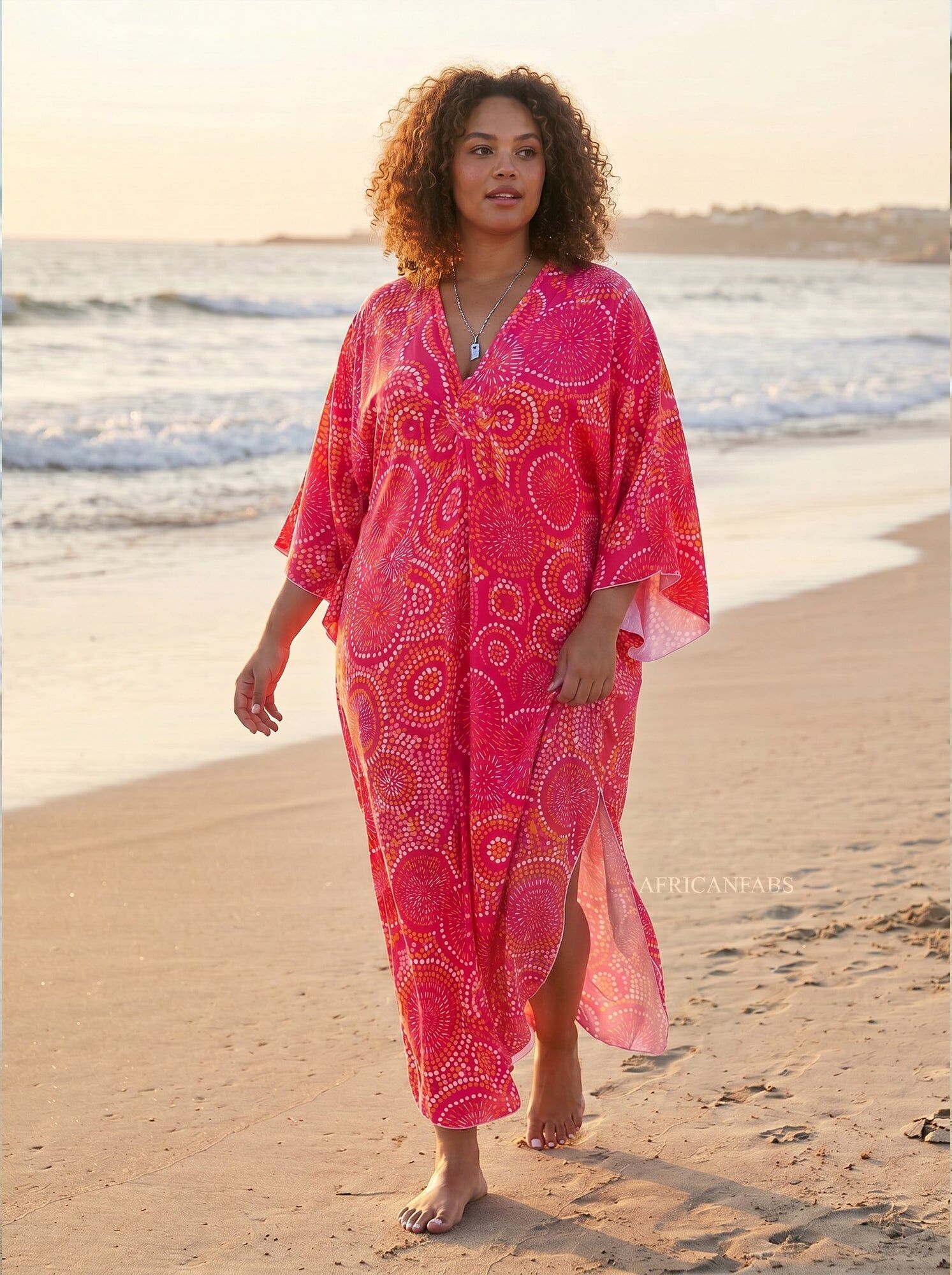 Boho rayon kaftan dress - Pink Sunburst Dots
